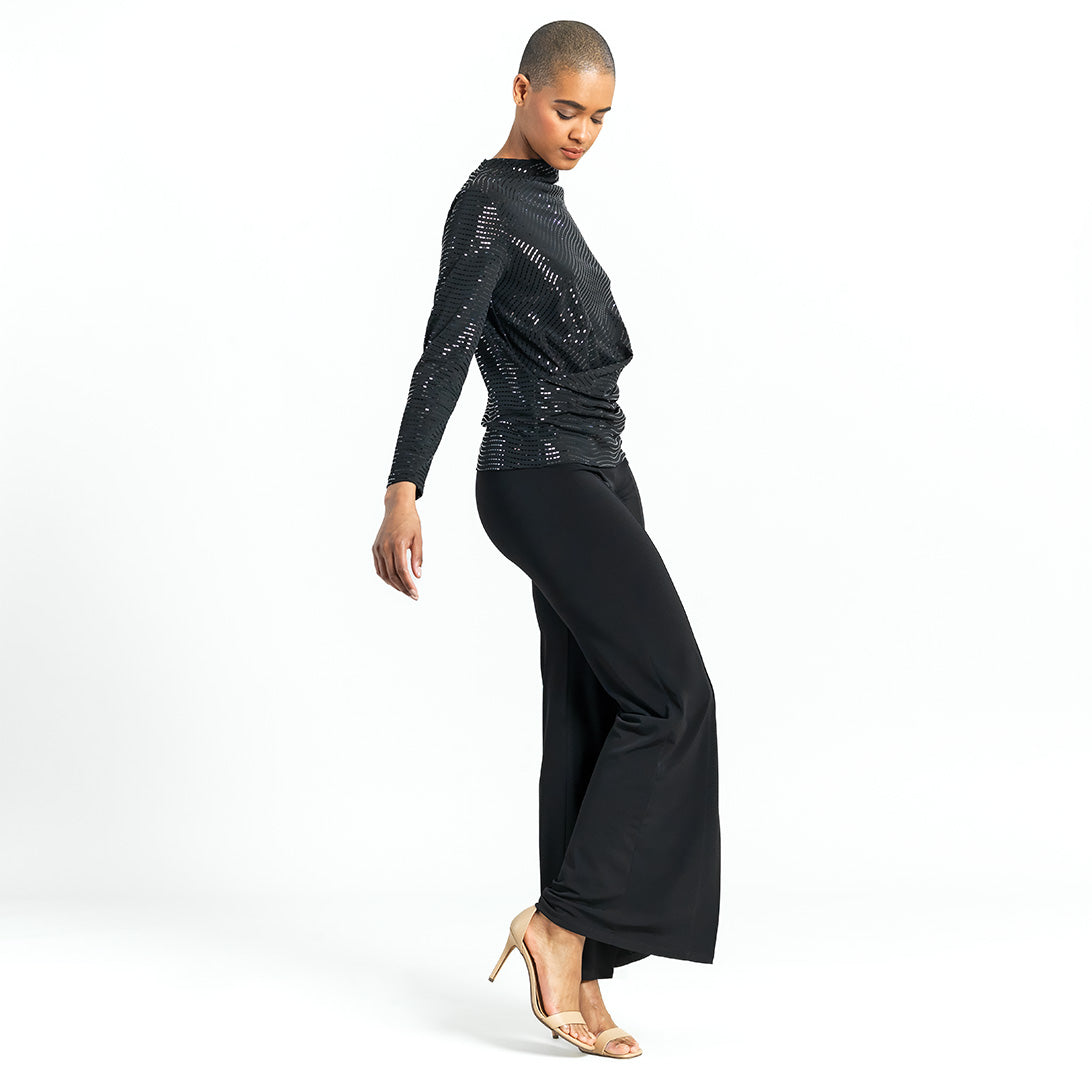 Shimmer Knit Drape Neck Top W/ Side Ruching