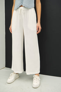 LINEN BLEND CROPPED WIDE LEG PANTS: Off White / M