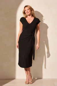 Textured Short-Sleeve Midi Dress With Front Tie
