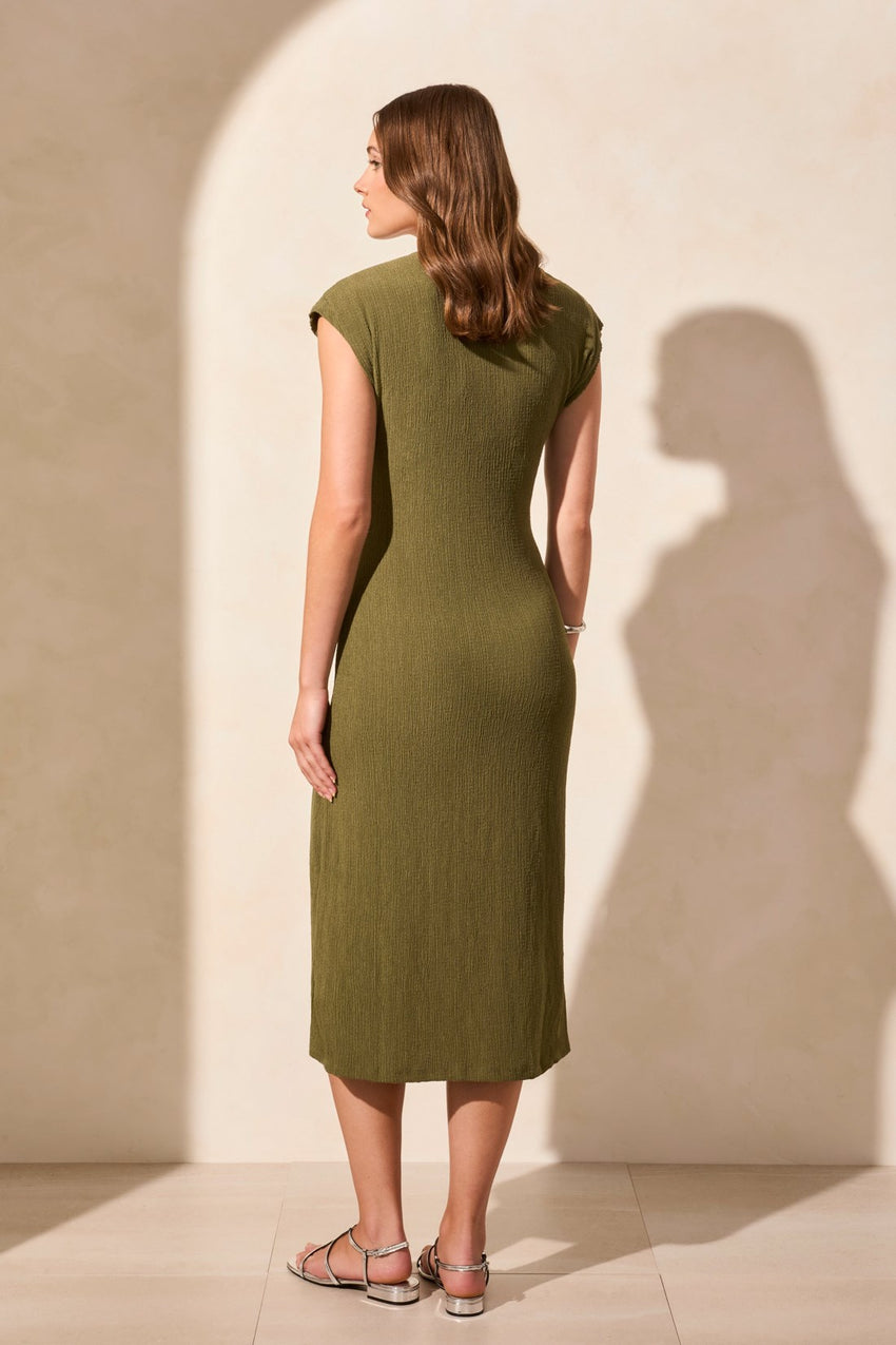 Textured Short-Sleeve Midi Dress With Front Tie