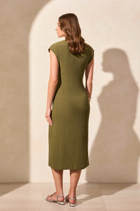 Textured Short-Sleeve Midi Dress With Front Tie