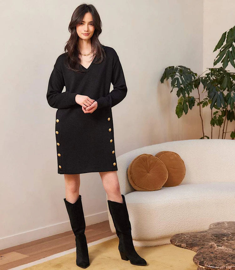Long Sleeve V-neck Button Dress