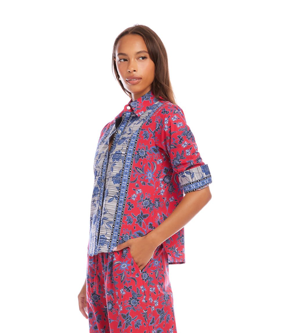 Ruched Sleeve Border Print Shirt S26