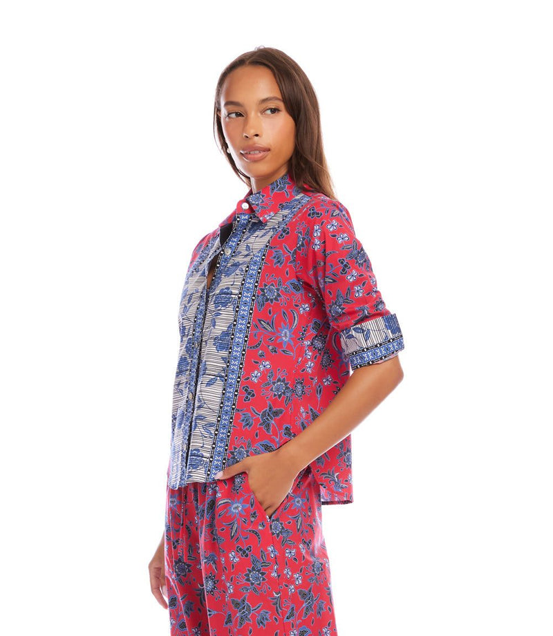 Ruched Sleeve Border Print Shirt S26