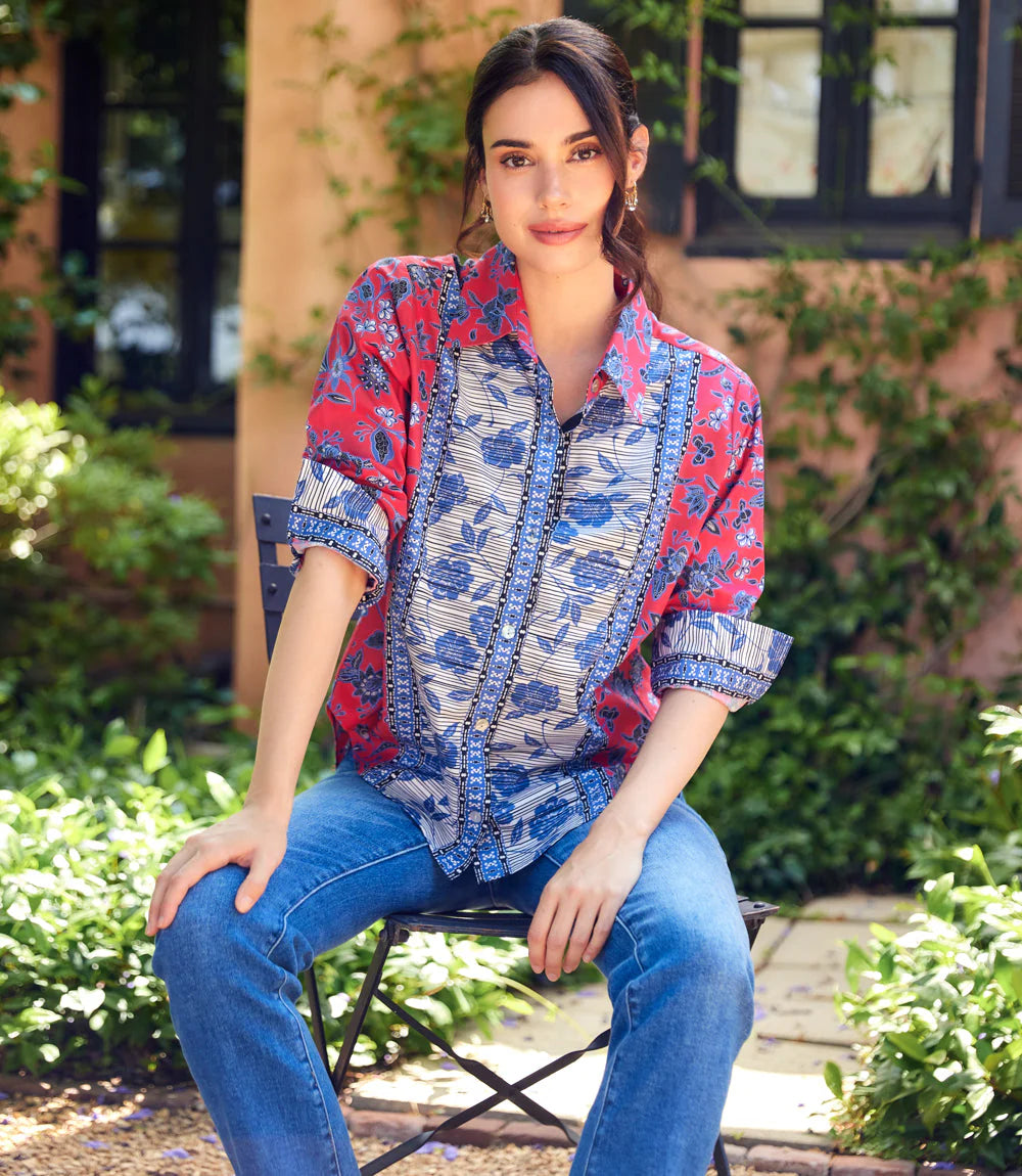 Ruched Sleeve Border Print Shirt S26
