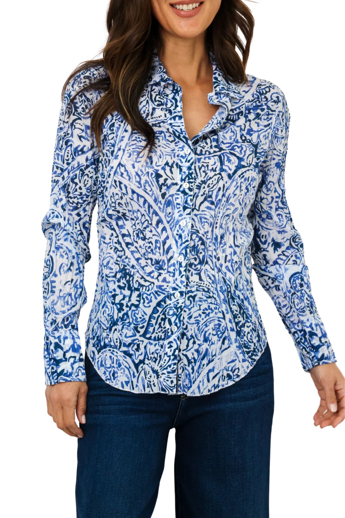 Watercolor Paisley Blue Button Blouse