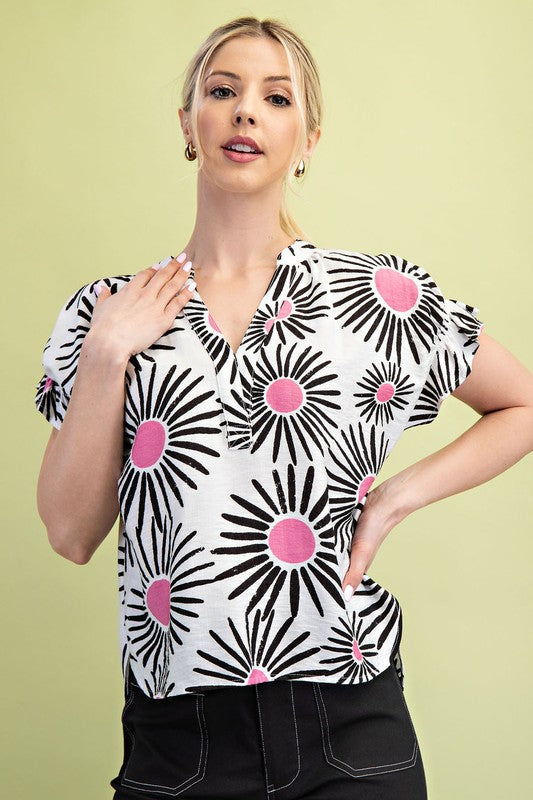 Sunburst Printed V-Neck Top