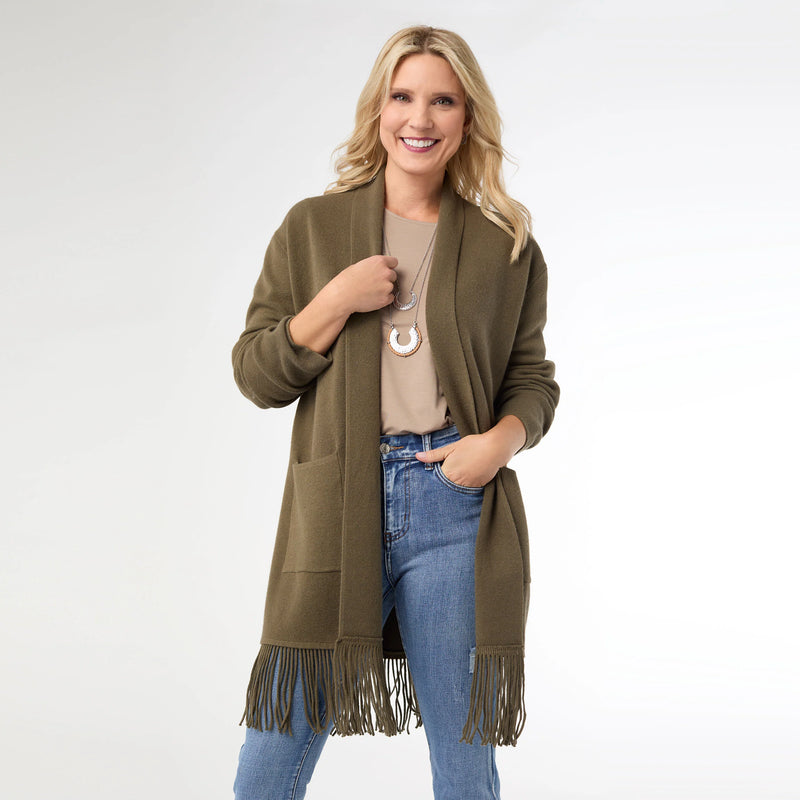 Heavenly-Luxe Mid Length Cardigan with Fringe