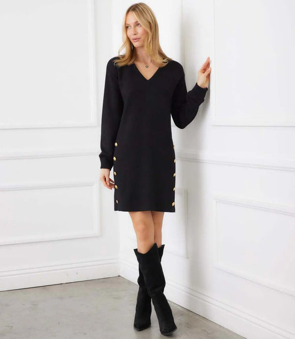 Long Sleeve V-neck Button Dress