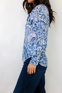 Watercolor Paisley Blue Button Blouse