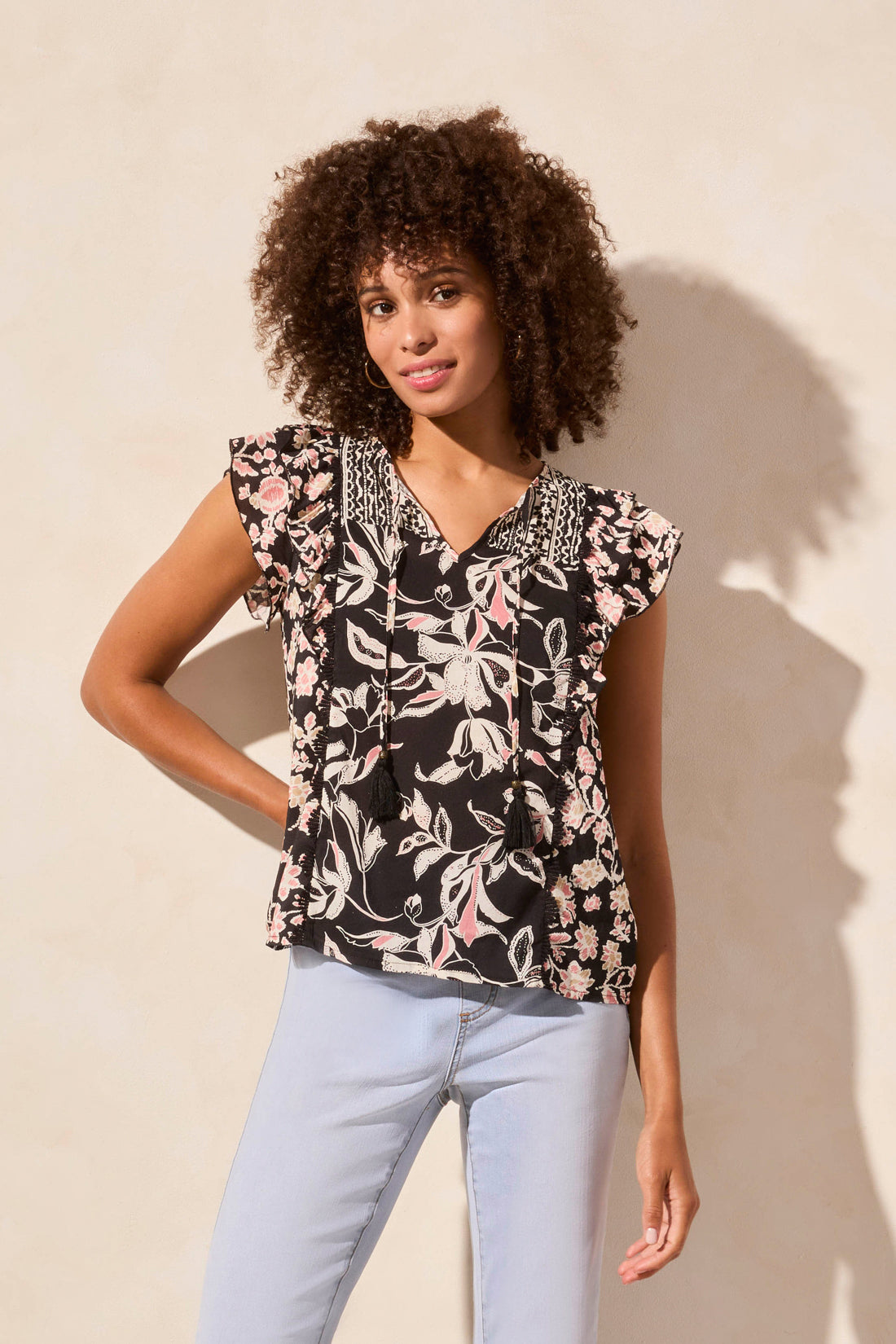 Mixed Print Notch Neck Blouse