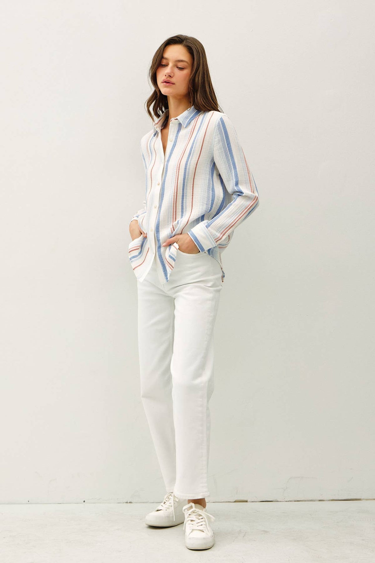 Striped Gauzy Bottom Up with Roll Sleeves