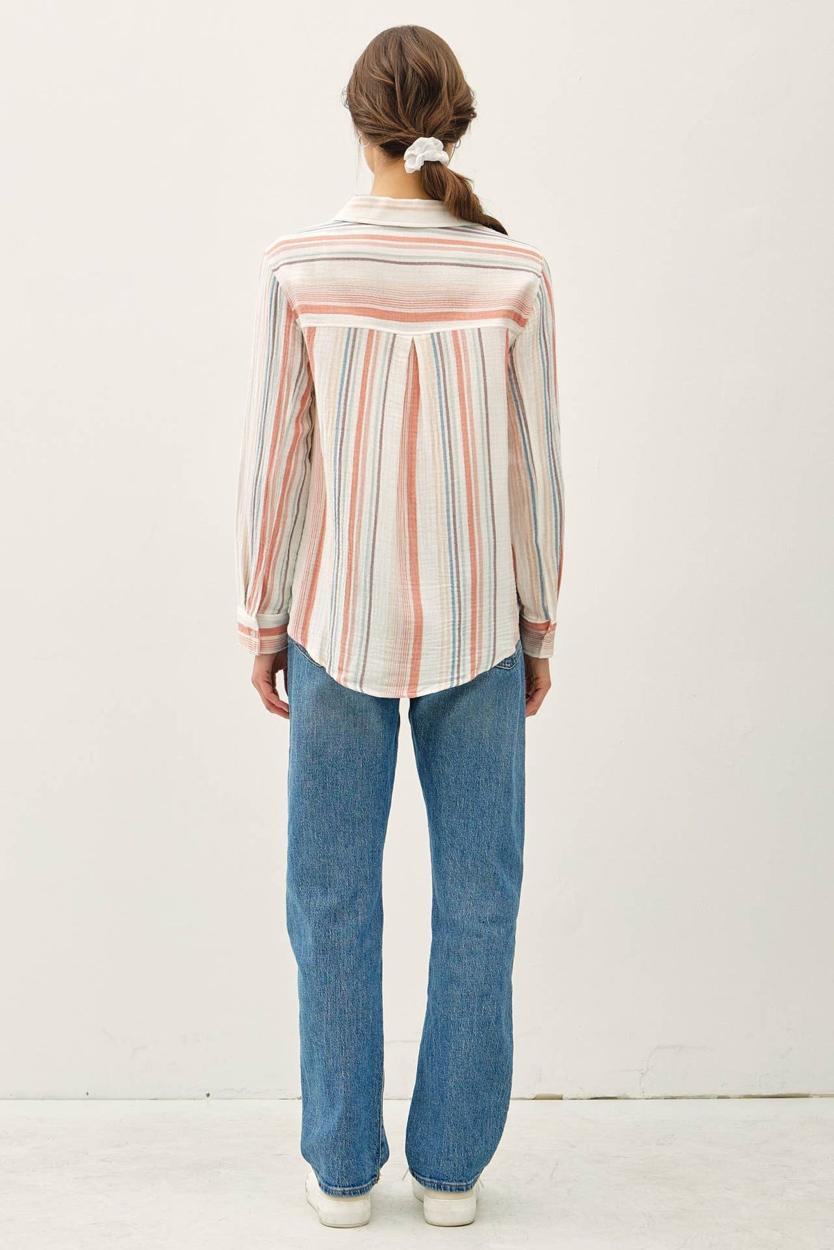 Striped Gauzy Bottom Up with Roll Sleeves