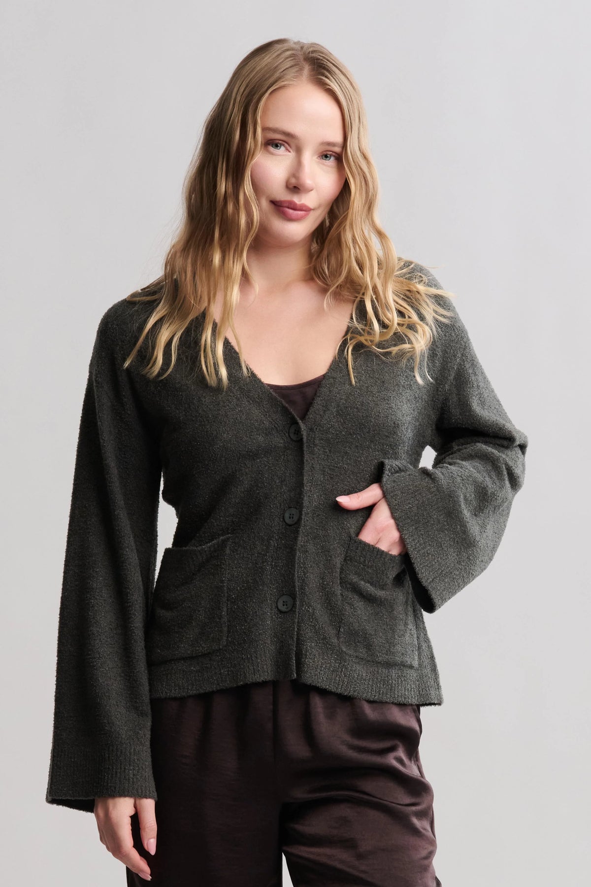 CozyChic Wide Sleeve Button Front Cardigan