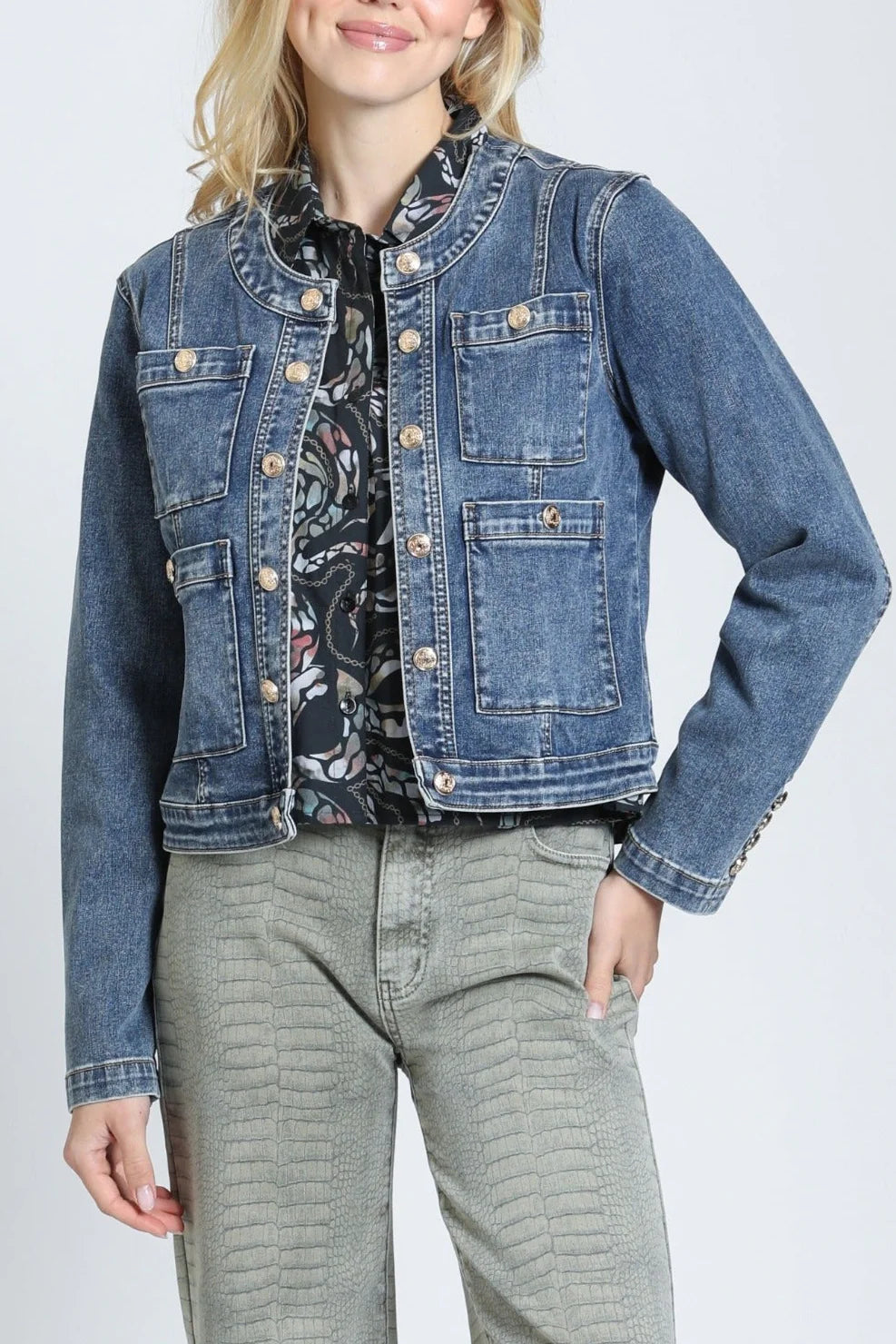 Collarless Denim Med. Indigo Jacket