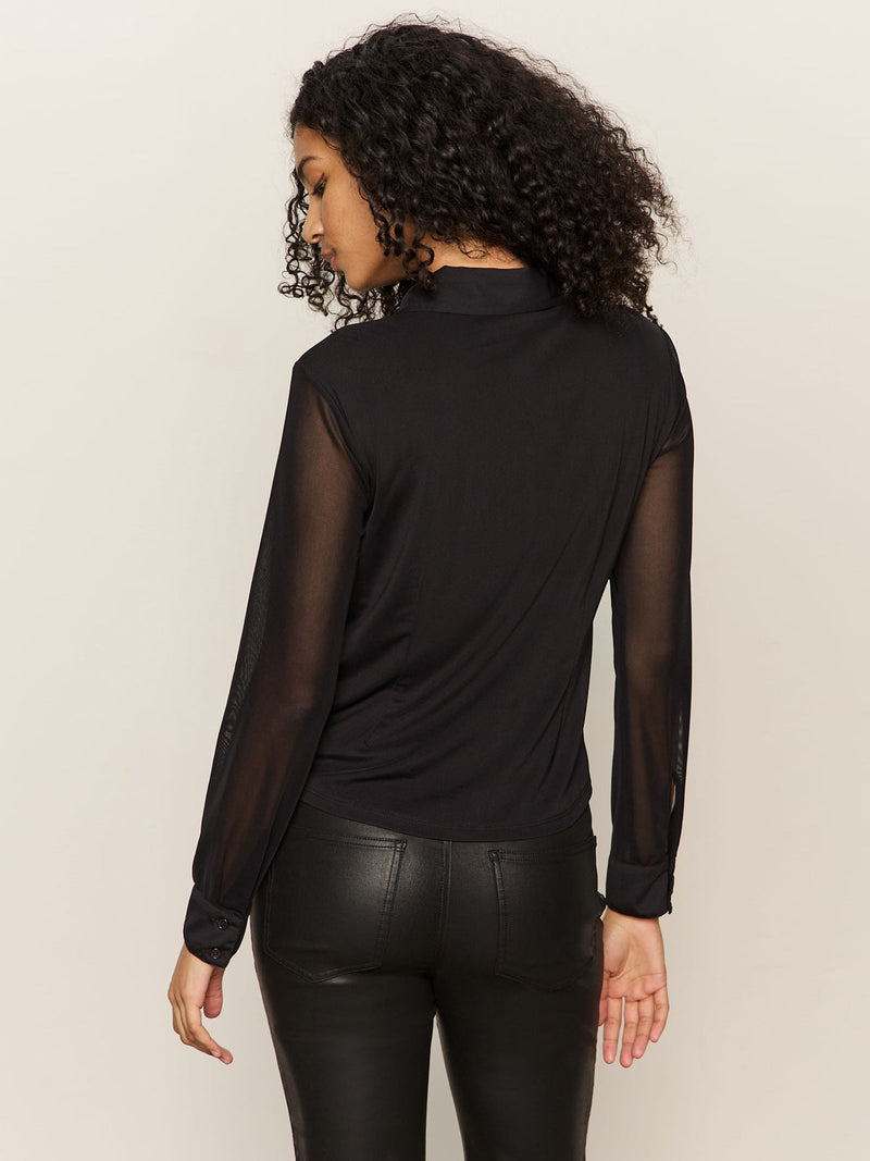 Fitted Mesh Button Down Blouse