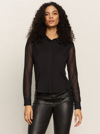 Fitted Mesh Button Down Blouse