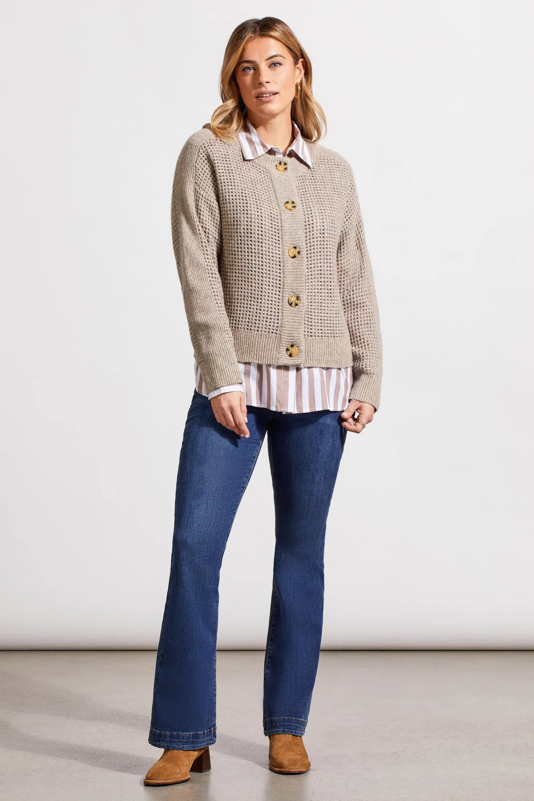 Open Knit Long Sleeve Crew Neck Cardigan Sweater