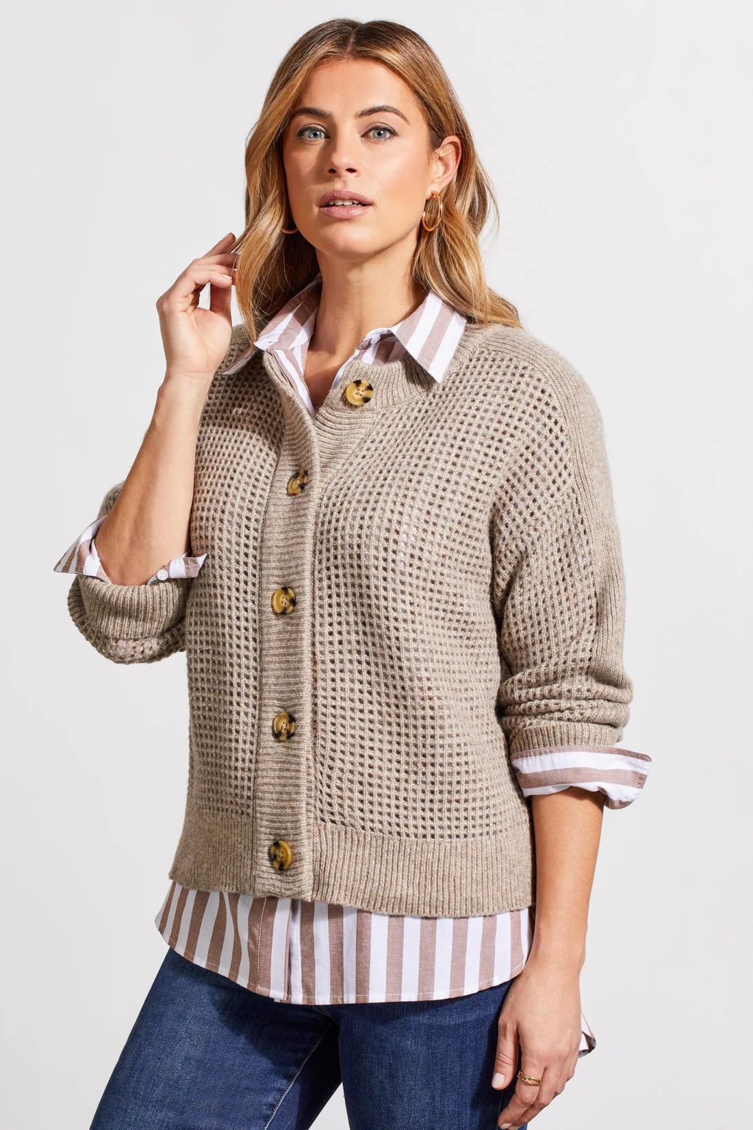 Open Knit Long Sleeve Crew Neck Cardigan Sweater