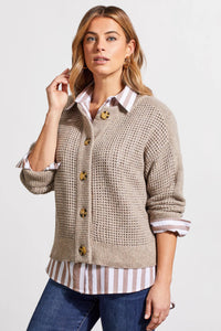 Open Knit Long Sleeve Crew Neck Cardigan Sweater