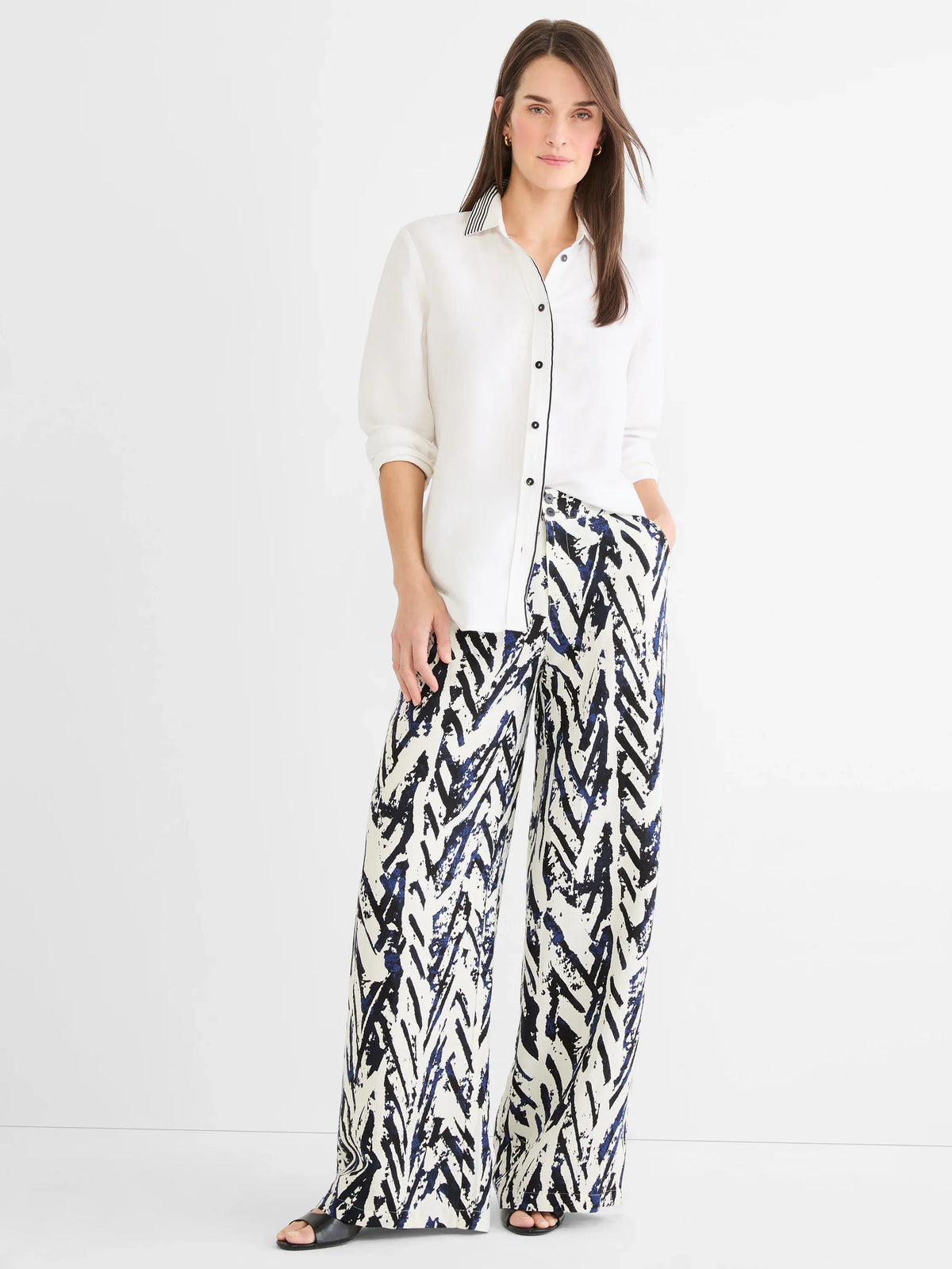 31” Indigo Crosshatch Linen Wide Leg