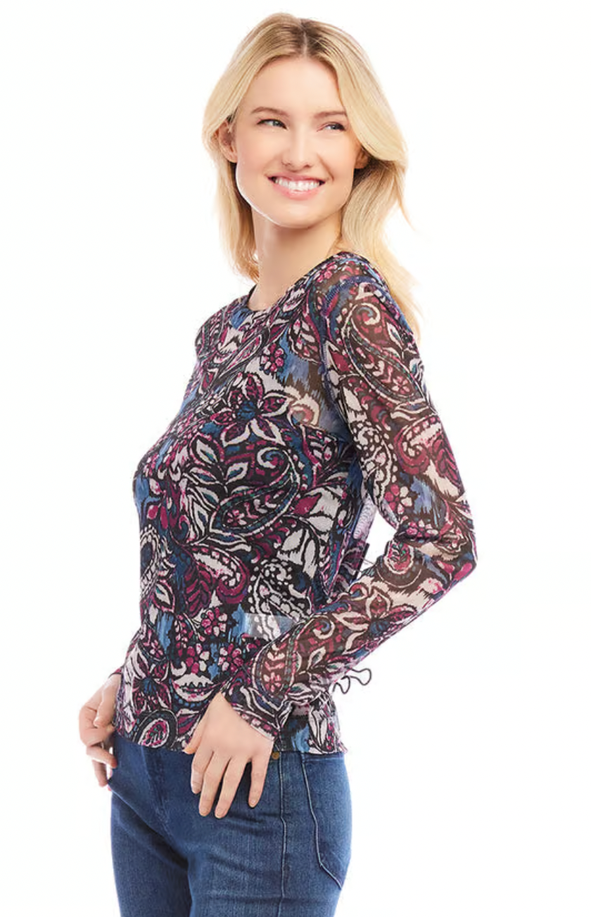 Long Sleeve Paisley Crew Neck Top