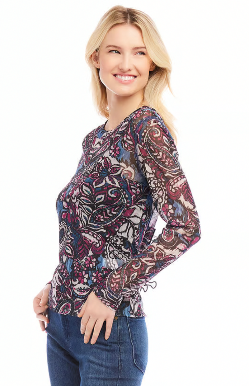 Long Sleeve Paisley Crew Neck Top