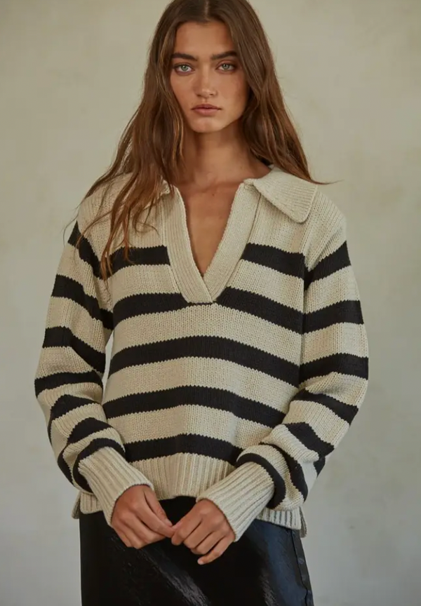 V- Neck Knit Collared Sweater