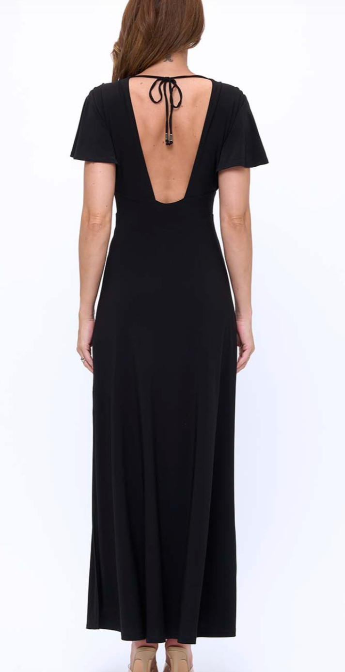 Short Sleeved V-Neck Dress With Back Cowl Neck