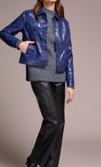 Faux Leather Button-Front Collar-Accent Jacket
