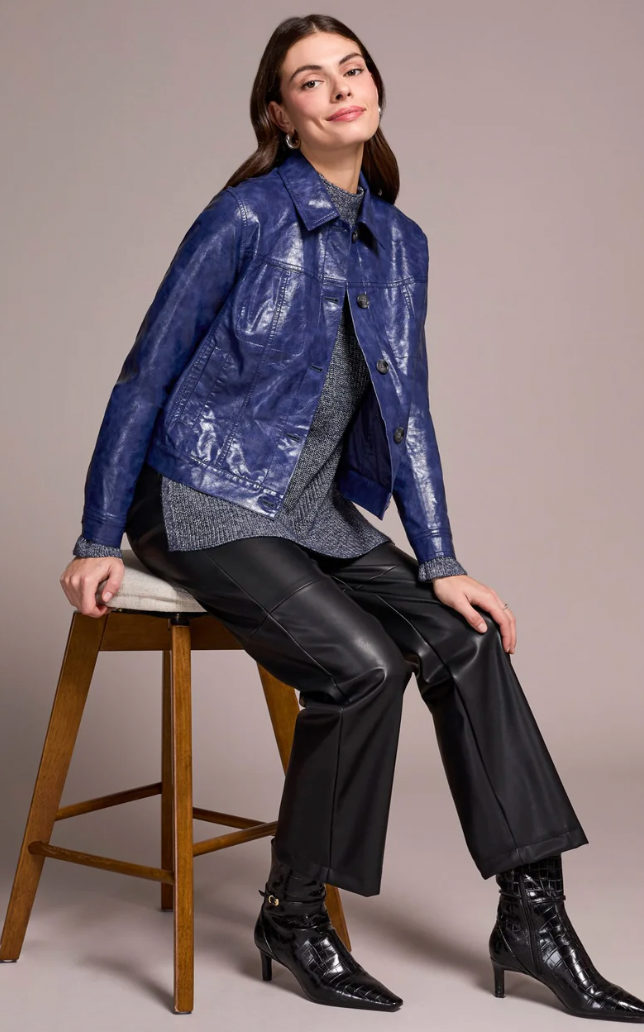 Faux Leather Button-Front Collar-Accent Jacket