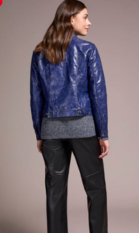 Faux Leather Button-Front Collar-Accent Jacket