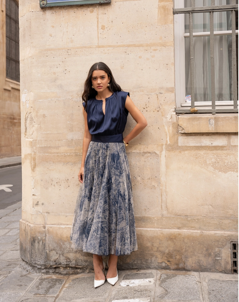Printed Tulle Midi Skirt