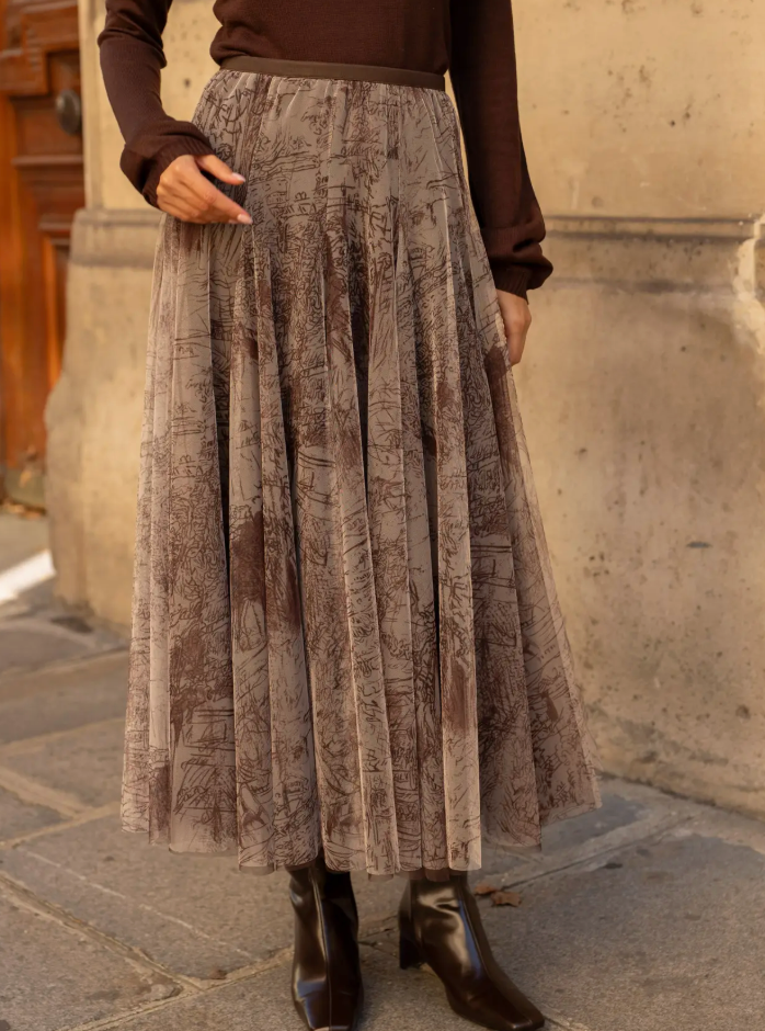 Printed Tulle Midi Skirt