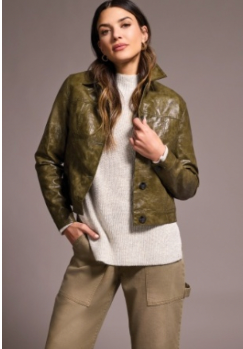 Faux Leather Button-Front Collar-Accent Jacket