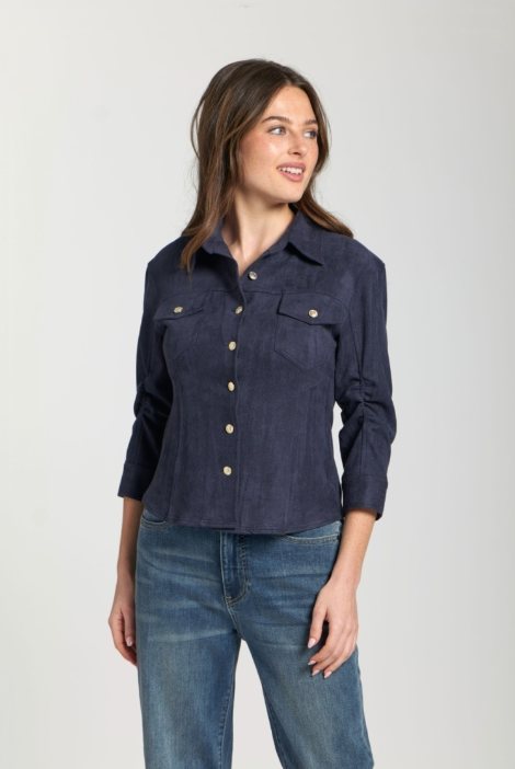 Faux Suede Shirt Jacket W/Crest Buttons