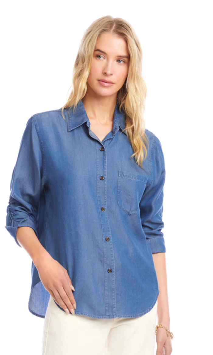 Ruched 3/4 Sleeve Button-Up Shirt