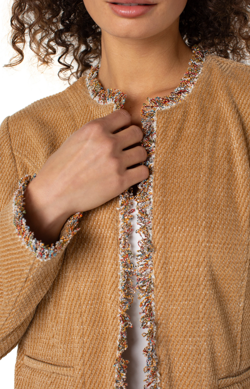 Collarless Jacket w/ Frayed Edges (casual jacket)