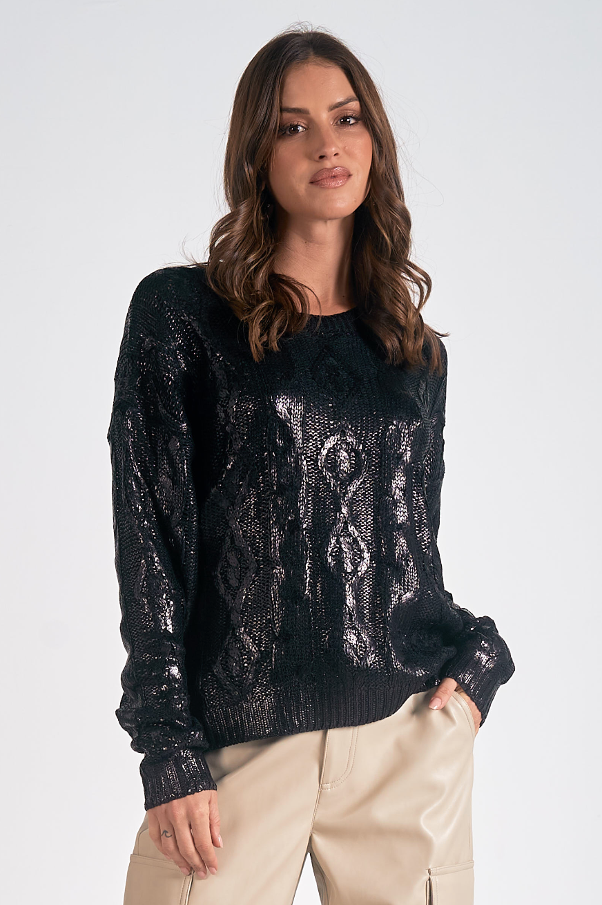 Metallic Crewneck Cableknit Sweater