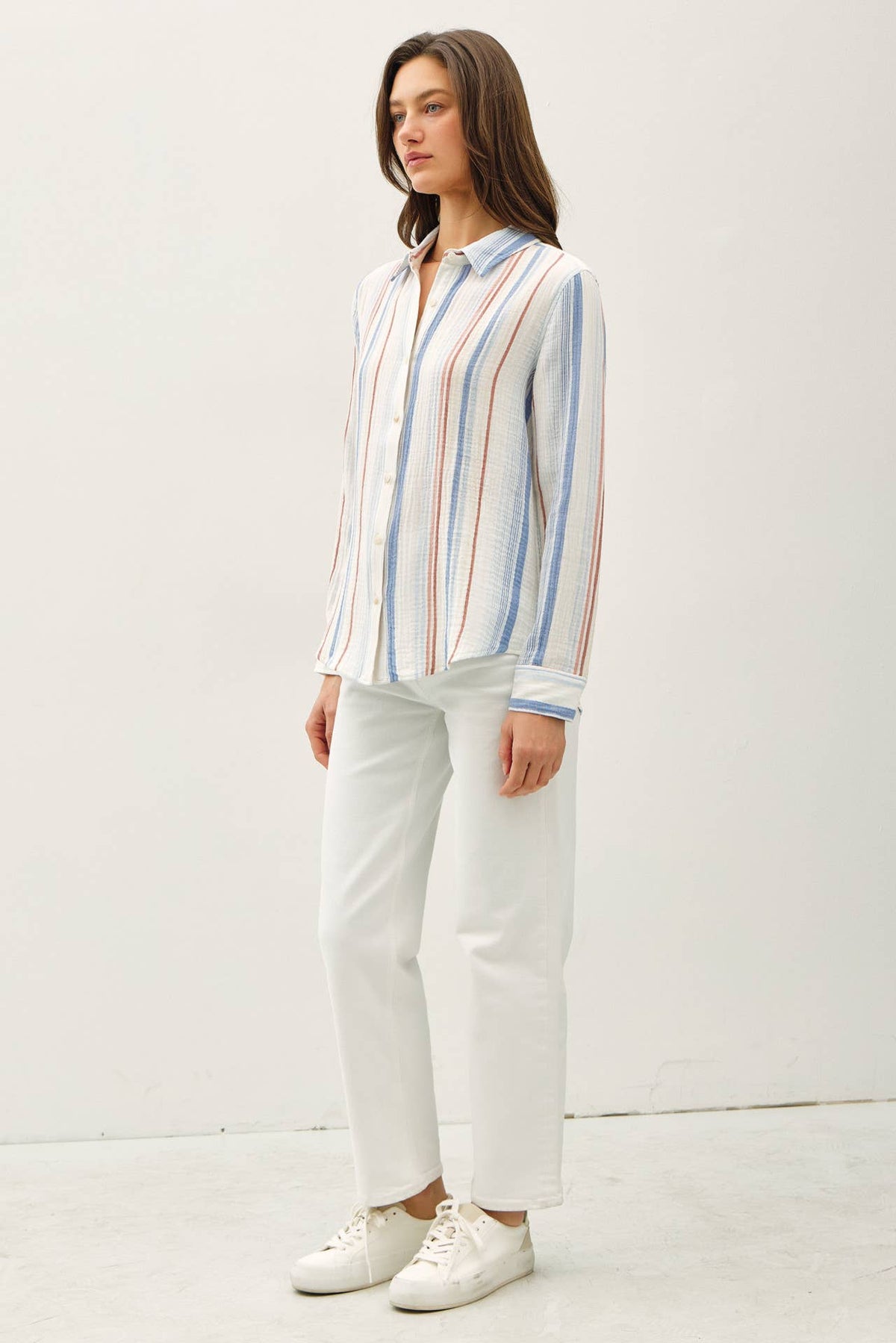 Striped Gauzy Bottom Up with Roll Sleeves