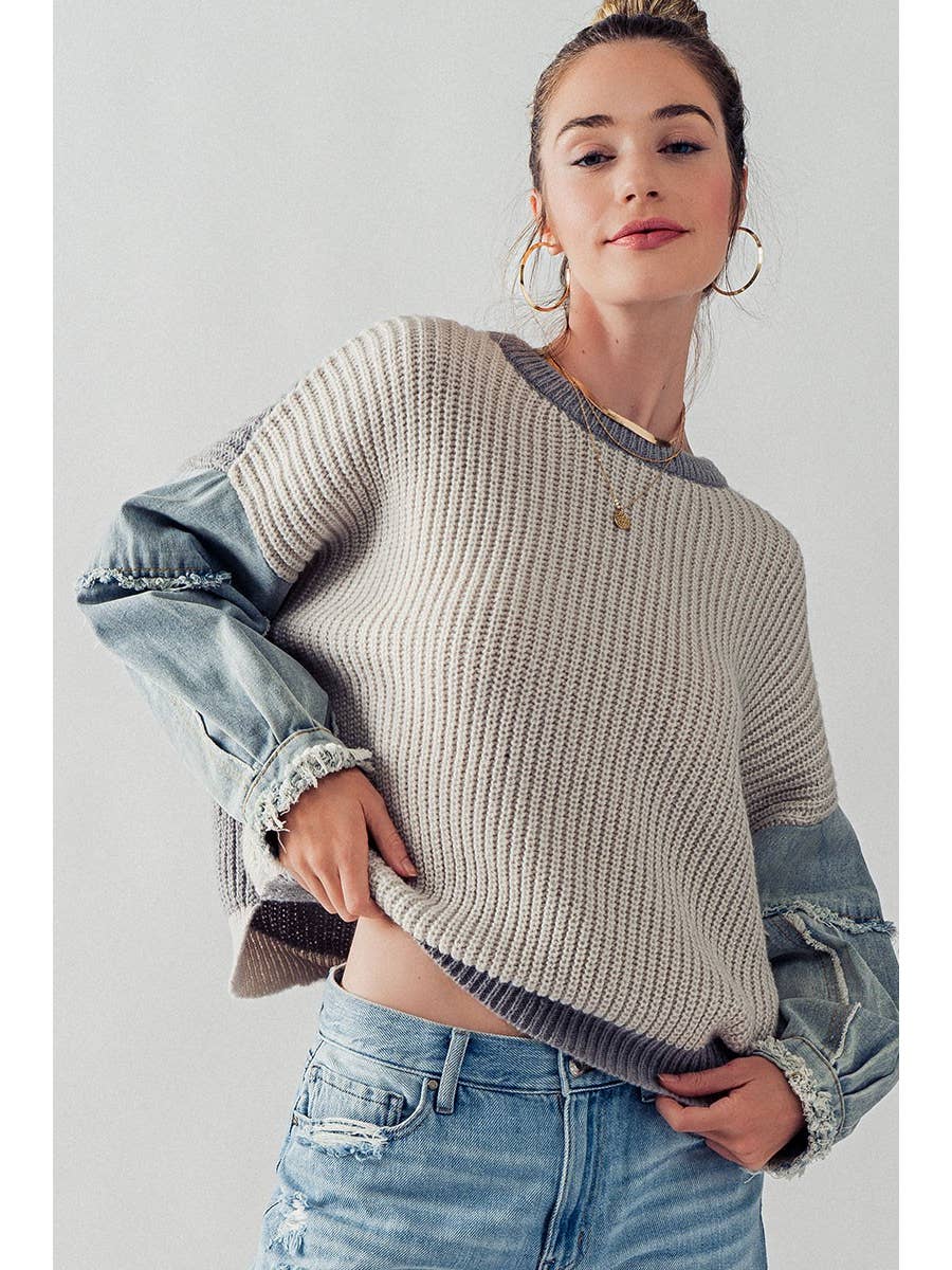 Denim Sleeve Two Tone Knit Sweater