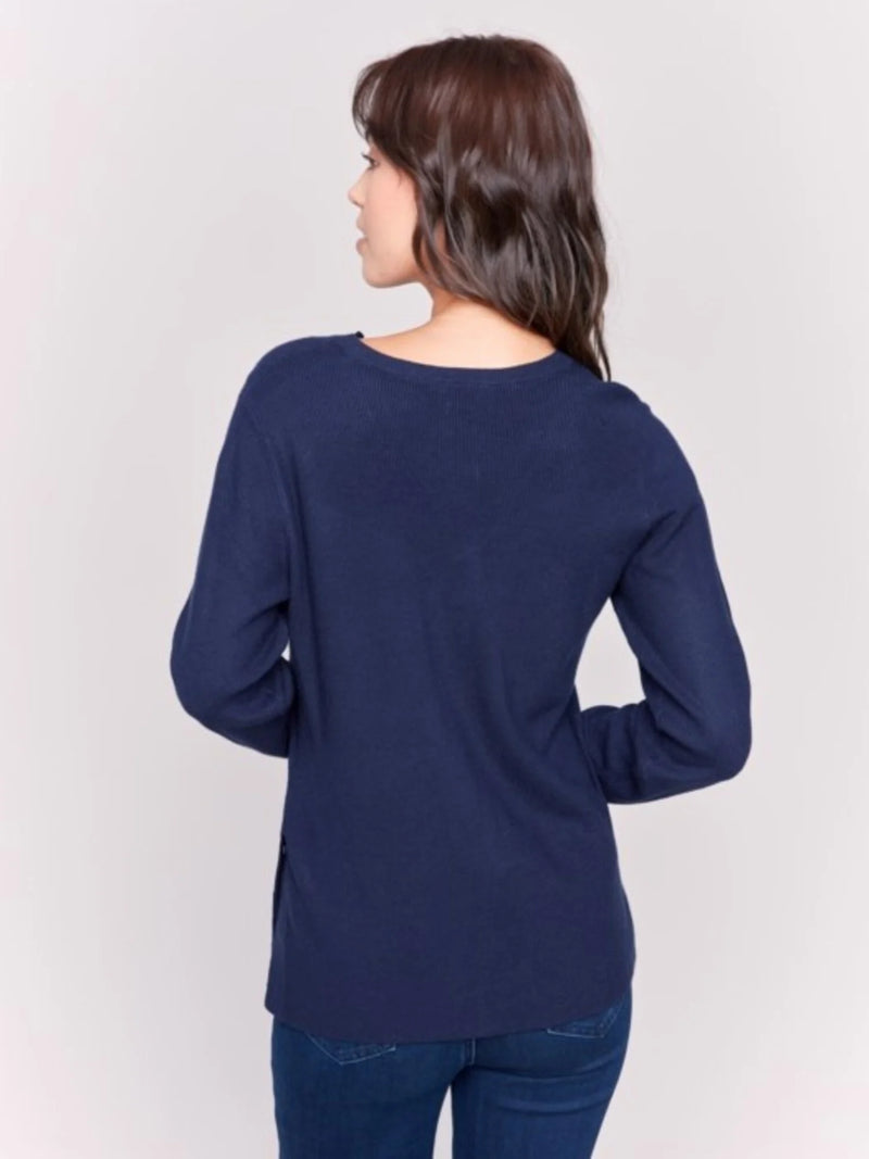 V Neck Sweater w/ Grommet Detail