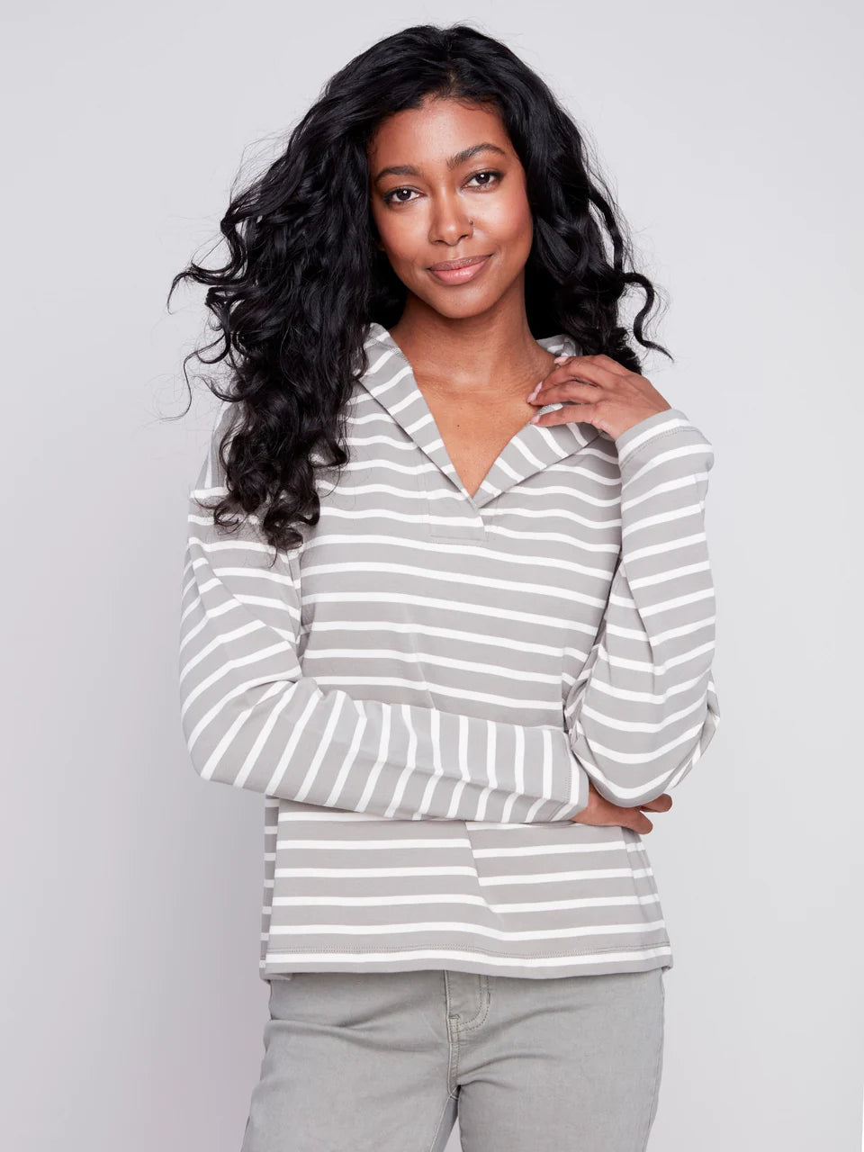 Striped V-Neck Top with hood