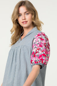 Embroidered Puff Sleeve Striped Top