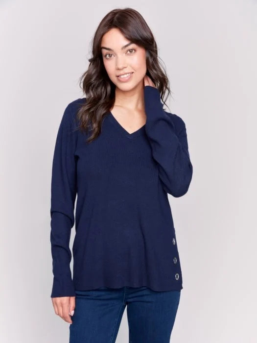 V Neck Sweater w/ Grommet Detail