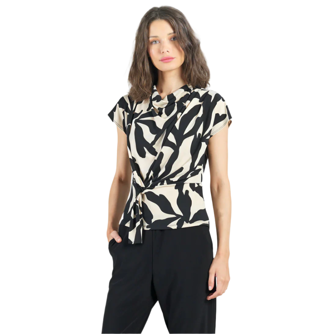 Leaf Print Soft Knit Drape Neck Top