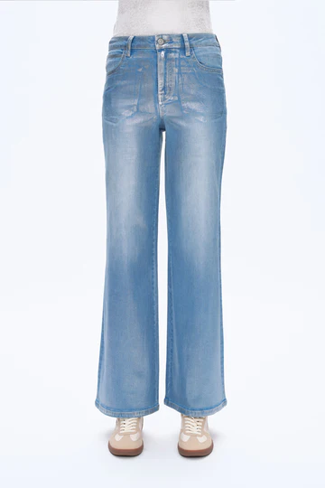 HIGH RISE METALLIC WIDE LEG DENIM JEANS