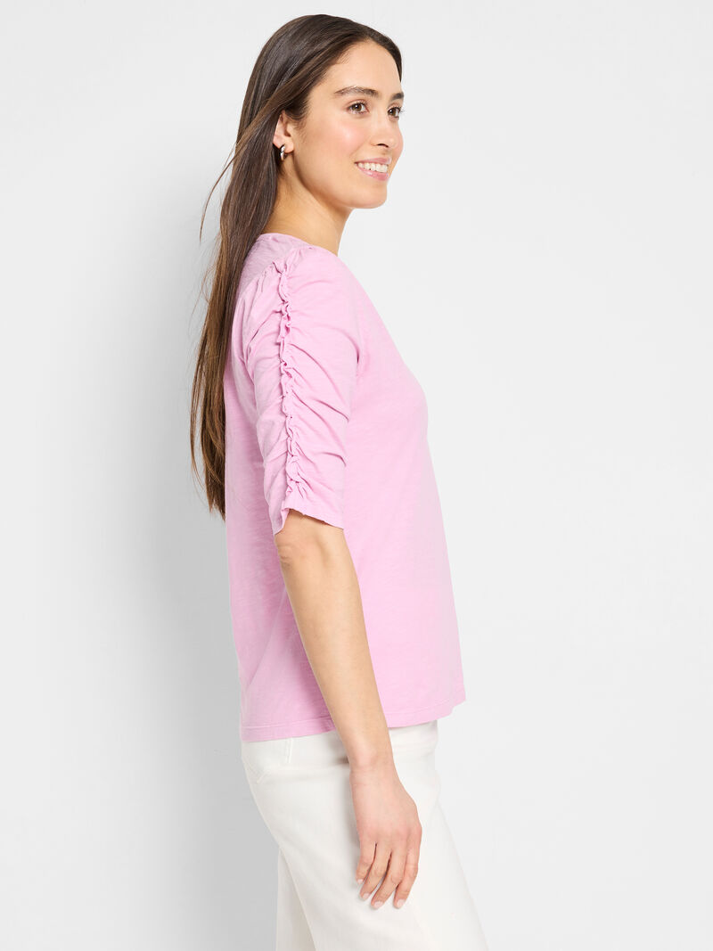 Ruched Elbow Sleeve Split Neck Tee