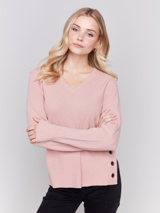 V Neck Sweater w/ Grommet Detail