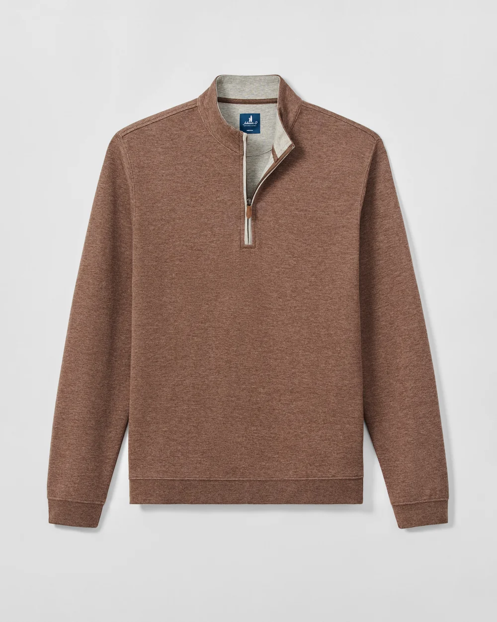 A men's quarter-zip pullover sweater in a heathered brown color, featuring a stand collar, a short zipper with a light-colored pull tab, and a visible blue brand label inside the collar.